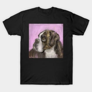 Painting of a Brown Coated Boxer Dog Looking to the Side on Purple Background T-Shirt